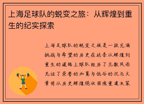 上海足球队的蜕变之旅：从辉煌到重生的纪实探索